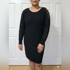 ​Sirenlily Black Viscose Blend Beaded Lace Shoulder Sweater Dress Women's L NWT